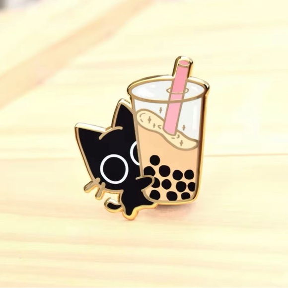 Boba Cat Enamel Pin // Black Cat, Kawaii Pin, Cute  Bubble Tea,   Pins, Sweets - Picture 2 of 2
